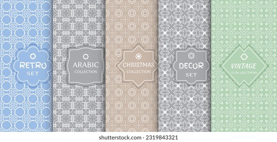 Conjunto de patrones de línea sin fisuras, fondo de color. Decoración de estilo vintage, retro, árabe y navideño. Resumen del marco geométrico, ilustración vectorial. Estilo Art Decó, colores claros