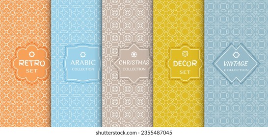 Conjunto de patrones de línea sin fisuras, fondo de color. Decoración de estilo vintage, retro, árabe y navideño. Resumen del marco geométrico, ilustración vectorial. Estilo Art Decó, colores claros