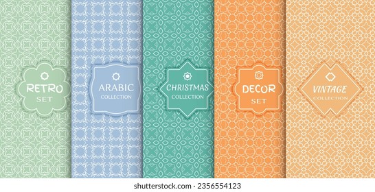 Set of seamless line patterns, colored background. Stylish decorative vintage, retro, arabic, christmas label decor set. Abstract geometric frame, vector illustration. Art Deco style, light colors
