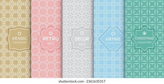 Set of seamless line patterns, colored background. Stylish decorative vintage, retro, arabic, christmas label decor set. Abstract geometric frame, vector illustration. Art Deco style, light colors