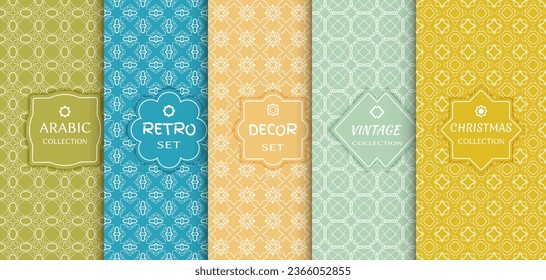 Set of seamless line patterns, colored background. Stylish decorative vintage, retro, arabic, christmas label decor set. Abstract geometric frame, vector illustration. Art Deco style, light colors