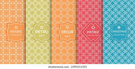 Set of seamless line patterns, colored background. Stylish decorative vintage, retro, arabic, christmas label decor set. Abstract geometric frame, vector illustration. Art Deco style, light colors