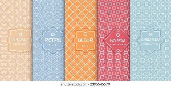 Set of seamless line patterns, colored background. Stylish decorative vintage, retro, arabic, christmas label decor set. Abstract geometric frame, vector illustration. Art Deco style, light colors