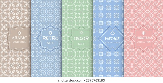 Set of seamless line patterns, colored background. Stylish decorative vintage, retro, arabic, christmas label decor set. Abstract geometric frame, vector illustration. Art Deco style, light colors