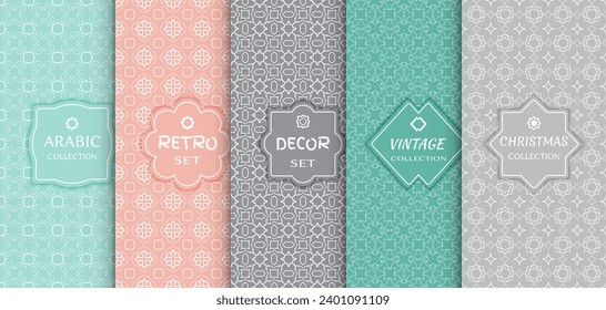 Set of seamless line patterns, colored background. Stylish decorative vintage, retro, arabic, christmas label decor set. Abstract geometric frame, vector illustration. Art Deco style, light colors
