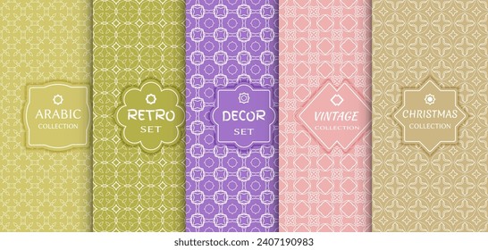 Set of seamless line patterns, colored background. Stylish decorative vintage, retro, arabic, christmas label decor set. Abstract geometric frame, vector illustration. Art Deco style, light colors
