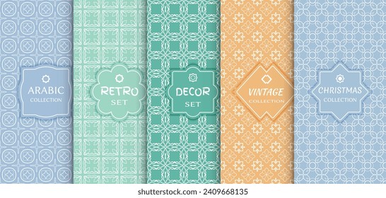 Set of seamless line patterns, colored background. Stylish decorative vintage, retro, arabic, christmas label decor set. Abstract geometric frame, vector illustration. Art Deco style, light colors