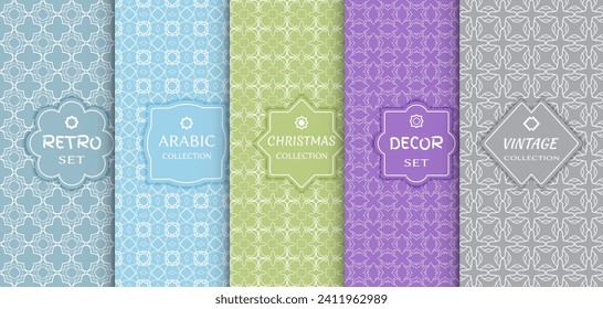 Set of seamless line patterns, colored background. Stylish decorative vintage, retro, arabic, christmas label decor set. Abstract geometric frame, vector illustration. Art Deco style, light colors