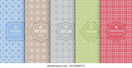 Set of seamless line patterns, colored background. Stylish decorative vintage, retro, arabic, christmas label decor set. Abstract geometric frame, vector illustration. Art Deco style, light colors