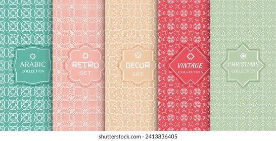 Set of seamless line patterns, colored background. Stylish decorative vintage, retro, arabic, christmas label decor set. Abstract geometric frame, vector illustration. Art Deco style, light colors