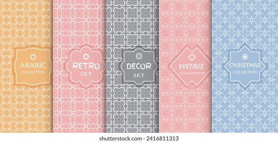 Set of seamless line patterns, colored background. Stylish decorative vintage, retro, arabic, christmas label decor set. Abstract geometric frame, vector illustration. Art Deco style, light colors