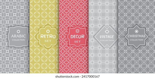 Set of seamless line patterns, colored background. Stylish decorative vintage, retro, arabic, christmas label decor set. Abstract geometric frame, vector illustration. Art Deco style, light colors
