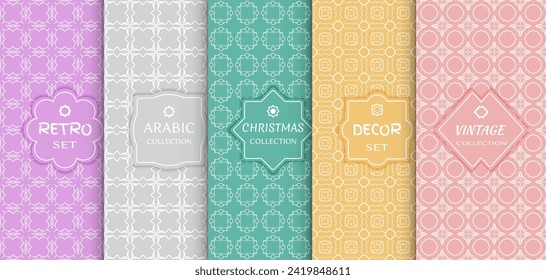 Set of seamless line patterns, colored background. Stylish decorative vintage, retro, arabic, christmas label decor set. Abstract geometric frame, vector illustration. Art Deco style, light colors