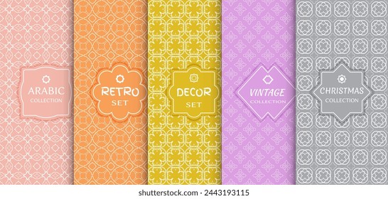Set of seamless line patterns, colored background. Stylish decorative vintage, retro, arabic, christmas label decor set. Abstract geometric frame, vector illustration. Art Deco style, light colors