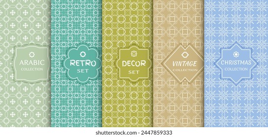 Set of seamless line patterns, colored background. Stylish decorative vintage, retro, arabic, christmas label decor set. Abstract geometric frame, vector illustration. Art Deco style, light colors