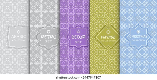 Set of seamless line patterns, colored background. Stylish decorative vintage, retro, arabic, christmas label decor set. Abstract geometric frame, vector illustration. Art Deco style, light colors