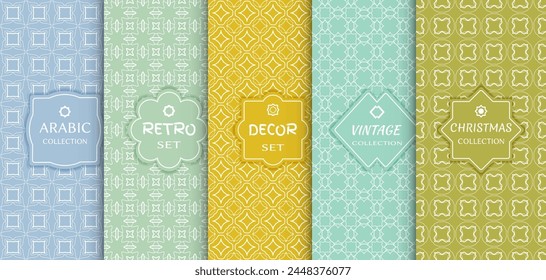Set of seamless line patterns, colored background. Stylish decorative vintage, retro, arabic, christmas label decor set. Abstract geometric frame, vector illustration. Art Deco style, light colors