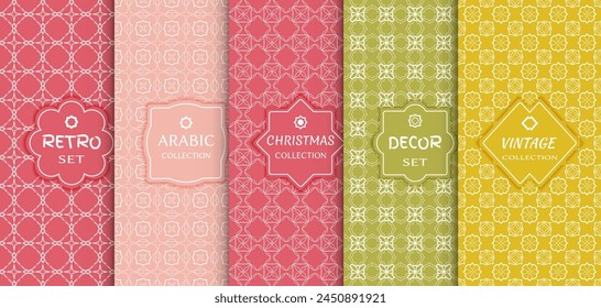 Set of seamless line patterns, colored background. Stylish decorative vintage, retro, arabic, christmas label decor set. Abstract geometric frame, vector illustration. Art Deco style, light colors