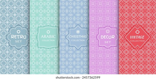Set of seamless line patterns, colored background. Stylish decorative vintage, retro, arabic, christmas label decor set. Abstract geometric frame, vector illustration. Art Deco style, light colors