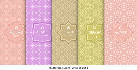 Set of seamless line patterns, colored background. Stylish decorative vintage, retro, arabic, christmas label decor set. Abstract geometric frame, vector illustration. Art Deco style, light colors