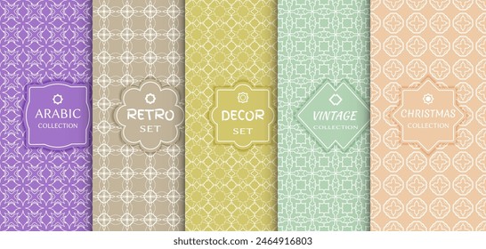 Set of seamless line patterns, colored background. Stylish decorative vintage, retro, arabic, christmas label decor set. Abstract geometric frame, vector illustration. Art Deco style, light colors