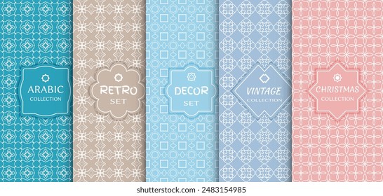 Set of seamless line patterns, colored background. Stylish decorative vintage, retro, arabic, christmas label decor set. Abstract geometric frame, vector illustration. Art Deco style, light colors