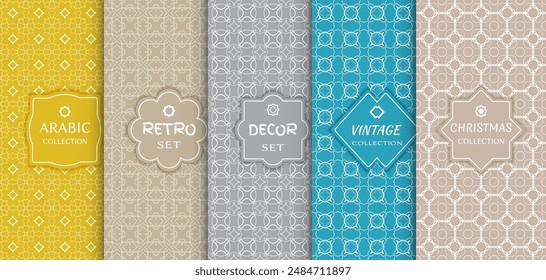 Set of seamless line patterns, colored background. Stylish decorative vintage, retro, arabic, christmas label decor set. Abstract geometric frame, vector illustration. Art Deco style, light colors