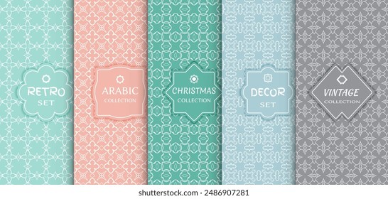 Set of seamless line patterns, colored background. Stylish decorative vintage, retro, arabic, christmas label decor set. Abstract geometric frame, vector illustration. Art Deco style, light colors