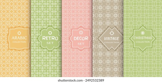 Set of seamless line patterns, colored background. Stylish decorative vintage, retro, arabic, christmas label decor set. Abstract geometric frame, vector illustration. Art Deco style, light colors