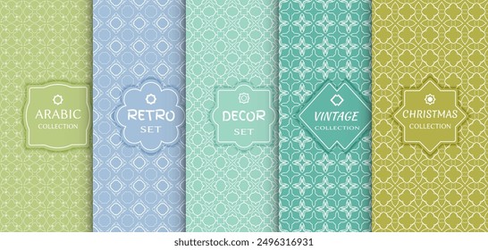 Set of seamless line patterns, colored background. Stylish decorative vintage, retro, arabic, christmas label decor set. Abstract geometric frame, vector illustration. Art Deco style, light colors