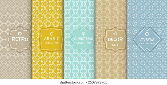 Set of seamless line patterns, colored background. Stylish decorative vintage, retro, arabic, christmas label decor set. Abstract geometric frame, vector illustration. Art Deco style, light colors