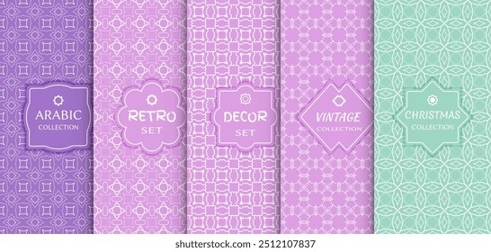 Conjunto de padrões de linha sem costura, fundo colorido. Elegante vintage decorativo, retro, arábico, conjunto de decoração de etiqueta de Natal. Quadro geométrico abstrato, ilustração vetorial. Estilo Art Deco, cores claras