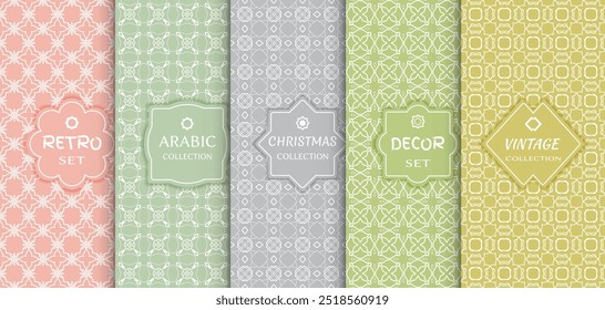 Set of seamless line patterns, colored background. Stylish decorative vintage, retro, arabic, christmas label decor set. Abstract geometric frame, vector illustration. Art Deco style, light colors