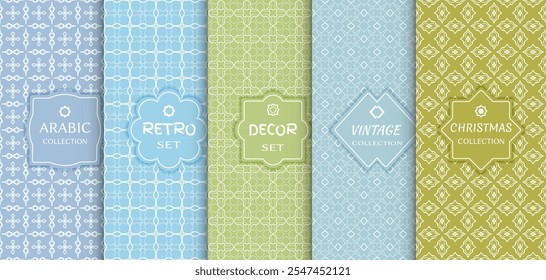 Set of seamless line patterns, colored background. Stylish decorative vintage, retro, arabic, christmas label decor set. Abstract geometric frame, vector illustration. Art Deco style, light colors