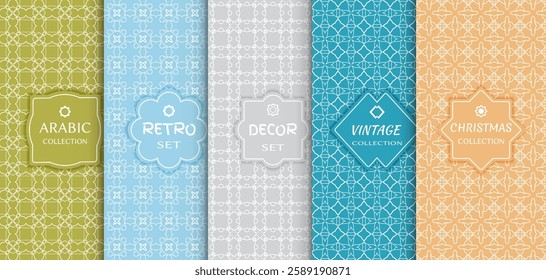 Set of seamless line patterns, colored background. Stylish decorative vintage, retro, arabic, christmas label decor set. Abstract geometric frame, vector illustration. Art Deco style, light colors