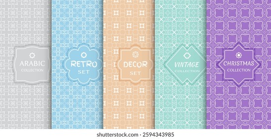 Set of seamless line patterns, colored background. Stylish decorative vintage, retro, arabic, christmas label decor set. Abstract geometric frame, vector illustration. Art Deco style, light colors