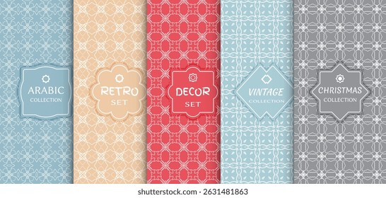 Set of seamless line patterns, colored background. Stylish decorative vintage, retro, arabic, christmas label decor set. Abstract geometric frame, vector illustration. Art Deco style, light colors