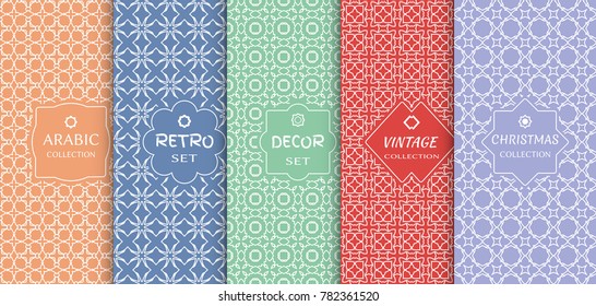 Set of seamless line patterns, colored background. Stylish decorative vintage, retro, arabic, christmas label decor set. Abstract geometric frame, vector illustration. Art Deco style, light colors