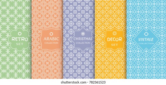 Set of seamless line patterns, colored background. Stylish decorative vintage, retro, arabic, christmas label decor set. Abstract geometric frame, vector illustration. Art Deco style, light colors