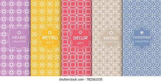 Set of seamless line patterns, colored background. Stylish decorative vintage, retro, arabic, christmas label decor set. Abstract geometric frame, vector illustration. Art Deco style, light colors