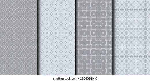 Set of Seamless linear pattern with lines and polygons. Abstract geometric texture with geometric shapes. Vector illustration. Grey color.