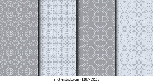 Set of Seamless linear pattern with lines and polygons. Abstract geometric texture with geometric shapes. Vector illustration. Grey color.