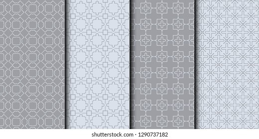 Set of Seamless linear pattern with lines and polygons. Abstract geometric texture with geometric shapes. Vector illustration. Grey color.