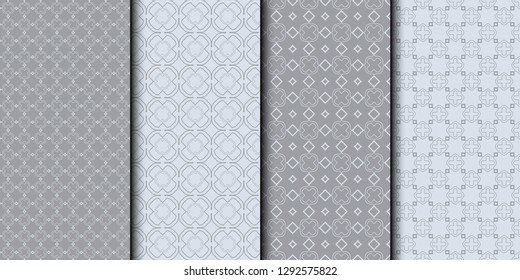 Set of Seamless linear pattern with lines and polygons. Abstract geometric texture with geometric shapes. Vector illustration. Grey color.