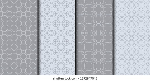 Set of Seamless linear pattern with lines and polygons. Abstract geometric texture with geometric shapes. Vector illustration. Grey color.