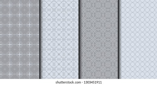 Set of Seamless linear pattern with lines and polygons. Abstract geometric texture with geometric shapes. Vector illustration. Grey color.