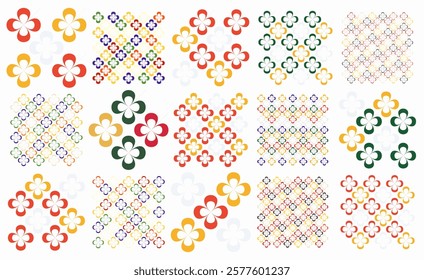 Set of seamless linear patterns featuring colorful floral shapes on a light background. Inspired designs for fashion, textiles, home decor, and print. High quality vector illustrations