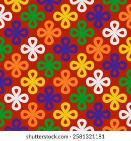Set of seamless linear patterns featuring colorful clover shapes on a Christmas background. Merry Christmas inspired designs for holiday fashion, textiles, home decor, and print