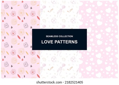 Set of seamless Love patterns. Beautiful seamless patterns from hearts, leaves and flowers for printing . vector eps10