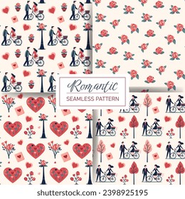 Conjunto de patrones de amor sin fisuras con corazones, rosas, pareja, elementos del día de San Valentín. Fondos vectores.